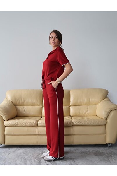 Paw Garage Women's Maribel Cotton Modal Fabric Polo Collar Blouse-Pants Two-Piece Bottom-Top Set, 4 Seasons Casual Set