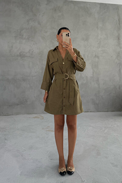 Seda Yalçın Atelier Φόρεμα πουκάμισο με λινό χακί