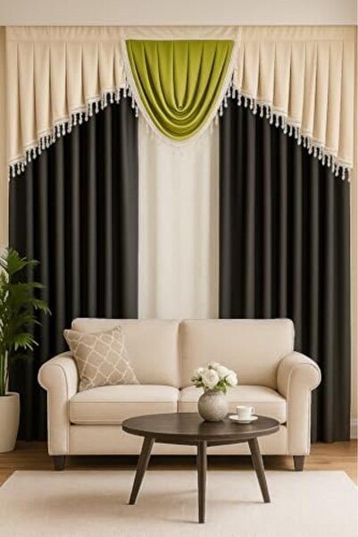 Generic Umeema Luxury Layered Blackout Curtains with Elegant Valance Design – Beige & Grey with Green Acce