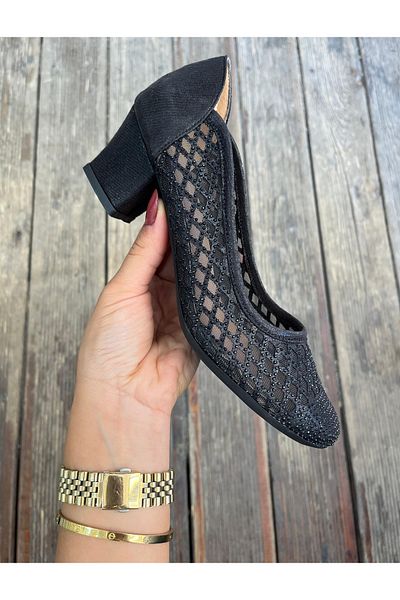 Nur Rose Women's Black Stone Glitter Daily Anatomical Stylish Evening Dress Cup Short Thick Heeled Laceless Mother Shoes