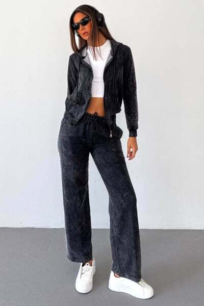 FashionForYou SHIRA sequin tracksuit, loose pants and zip-up hoodie, Black, XL