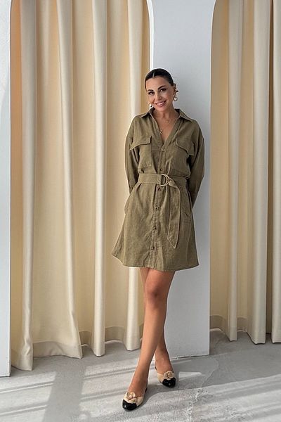 Seda Yalçın Atelier Khaki Linen Belted Shirt Dress