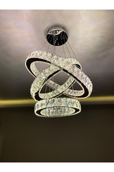Retro KRİSTAL TAŞLI 3 KATLI 3 RENK YANAN LED'Lİ AVİZE