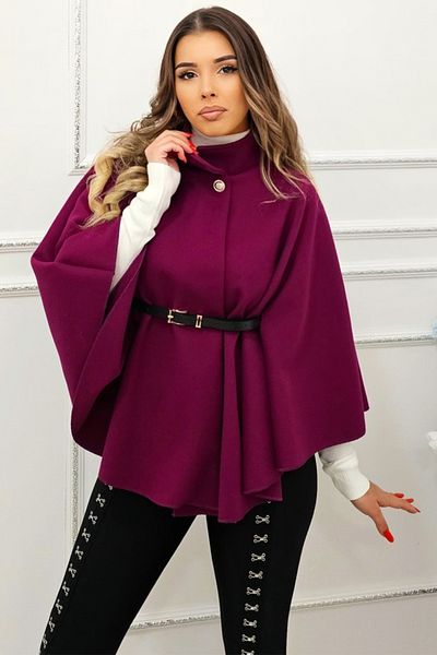 FashionForYou Amalia poncho coat, belt included and flared cut, Purple, S/M