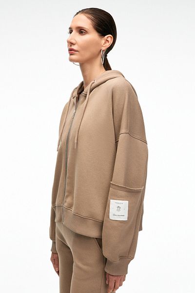 GRIMELANGE Vivienne Women's Metal Zippered Hooded Mink Sweatshirt with Ornamental Label and Pocket Detail on the Sleeve
