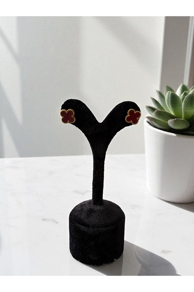 Constanza Exclusive Sarı Bordo Yapraklı Yonca Paslanmaz Çelik Küpe 105