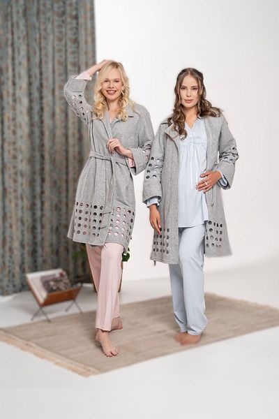 Pelin Women's Blue Lace Detailed Fleece Pajamas Set with Hidden Breastfeeding Feature Maternity Maternity 3-Piece Pajamas Set
