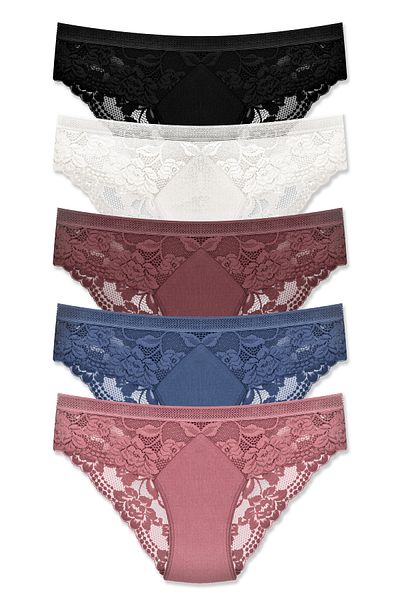 ZENA UNDERWEAR Lace Detailed Cotton Ribbed Women's Bikini Panties with Mesh Elastic Waist – Pack of 5