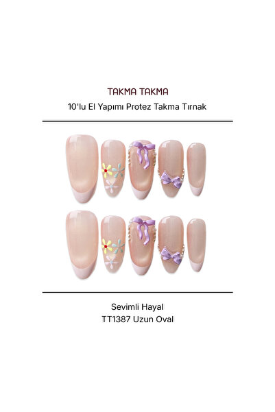 Takma Takma 10'lu Pembe Uzun Oval TT1387 Tekrar Kullanılabilir El Yapımı Prot...