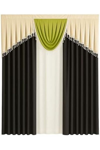 Generic Umeema Luxury Layered Blackout Curtains with Elegant Valance Design – Beige & Grey with Green Acce