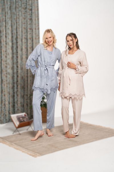 Pelin Women's Beige Lace Detailed Linen Maternity Maternity 3-Piece Pajama Set