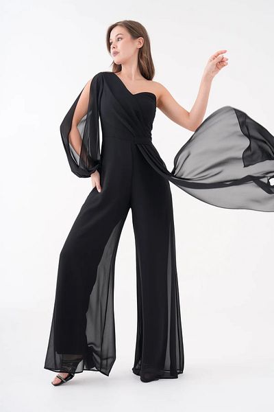bayansepeti Women's Lined Black Chiffon Fabric Single Sleeve Design Belt Detailed Stylish Evening Dress Jumpsuit 1336