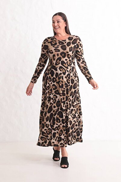 Truva XXL Leopard Print Long Dress with Pockets, Viscose Lycra and Long Sleeves