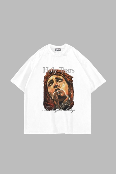 Bak Moda Tricou alb oversize unisex cu imprimeu Mary's Holy Tears
