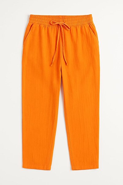 enmodaiçgiyim Γυναικείο παντελόνι από ύφασμα μουσελίνας από 100% βαμβάκι σε πορτοκαλί χρώμα – στενό παντελόνι, καθημερινό παντελόνι με τσέπες
