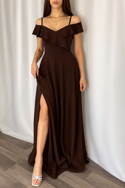 Deafox Brown Neckline Flounced Crepe Fabric Long Evening Dress