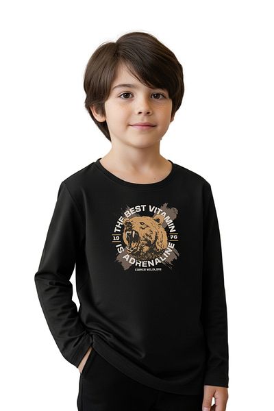 panios kids Plain Round Neck Bearr Print Detailed Boys Sweatshirt