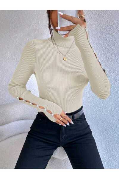 SAYZEN Sleeve Pearl Embroidered Necklace Detailed Turtleneck Knitwear Sweater