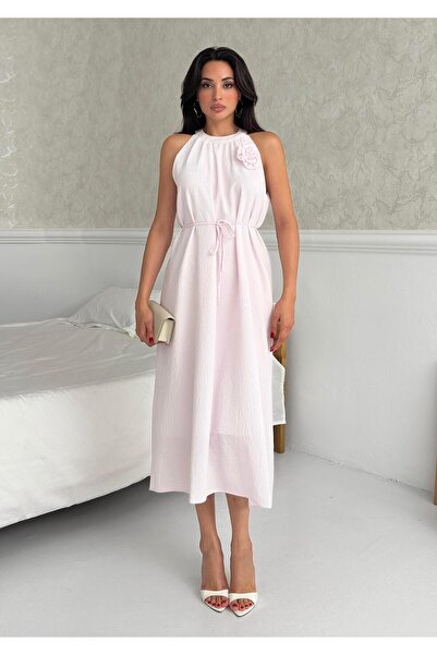 Serica Moda Light Pink Crew Neck Ebise with Floral Detail