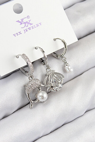 Belle Fusion BFS نحاس زركون حجر 3 قطع دولفين وأويستر موديل فضة اللون أقراط نس...