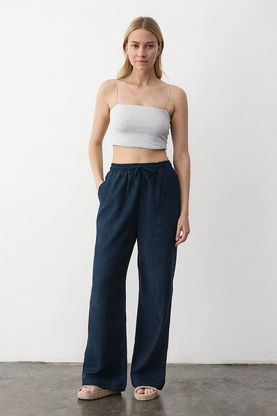 My Blog Navy Blue Linen Loose Leg Trousers with Elastic Waist - 2813