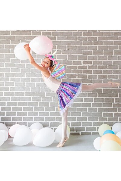 Jenuos Rochiță Unicorn Macaron pentru fete, JENUOS®, cu aripi și bentiță, M, multicoloră