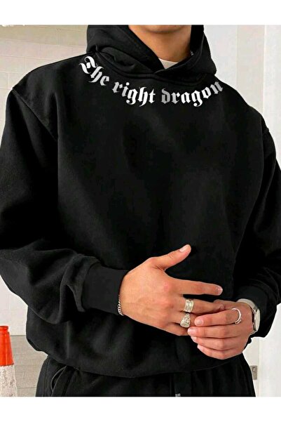 caddekombin The Right Dragon Baskılı Kapüşonlu Cepli Pamuklu Siyah Sweatshirt