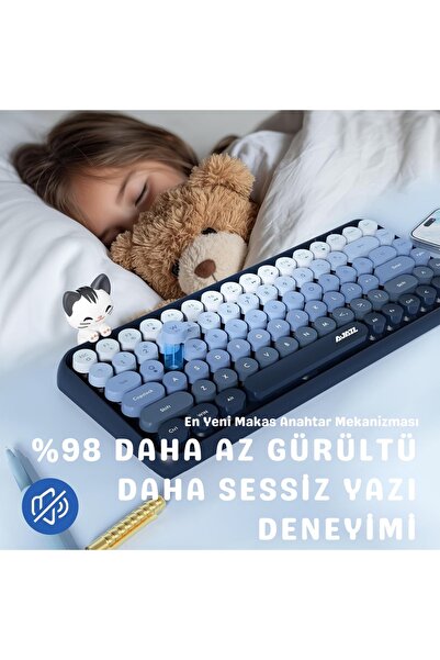 Coverzone Kablosuz Klavye - Bluetooth, Retro, Yuvarlak Tuşlu, Kedi Süs Aksesuarı, Sessiz AJAZZ AJ308i