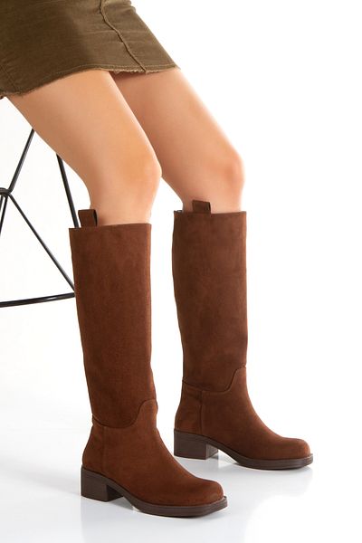 ÜNAL ÖZER Unal Ozer Women's Taba Suede Medium Size Heel Pulling Knee High Daily Boots Un001-0500