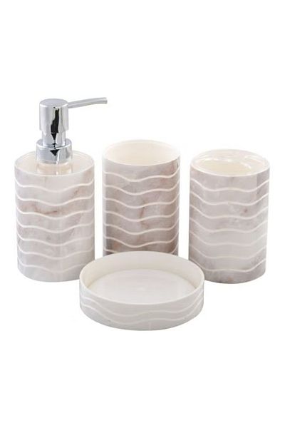 Home Box 4-Piece Bathroom Organiser Set – Beige/Silver Finish, 10 cm Compact Design