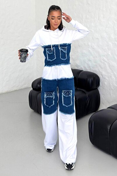 FashionForYou MIRRA Pearl casual set, with cotton and denim, White