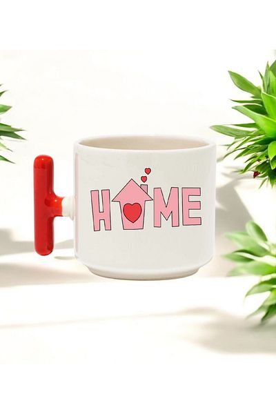 BB TRADE Home Designed Red t Handle Ceramic Printed Mug 250 ml