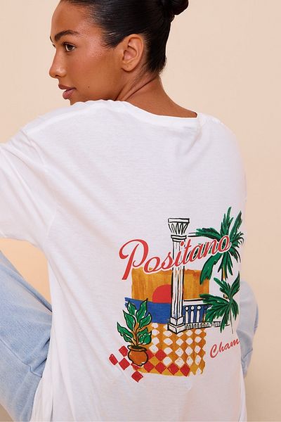 The Champ Clothing White Oversize Women's T-Shirt – Positano Summer Printed Cotton Fabric | Summer Casual Wear