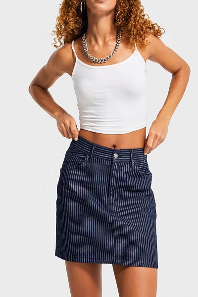 its basic Women's Striped Blue Color 19W5-33 Straight Fit Length 40cm 100% Cotton Special Fabric Denim Skirt