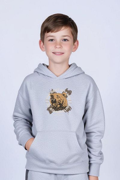 YA KO KİDS Hooded Collar Pocket Bear 1976 Printed Patterned Boy's Sweatshirt