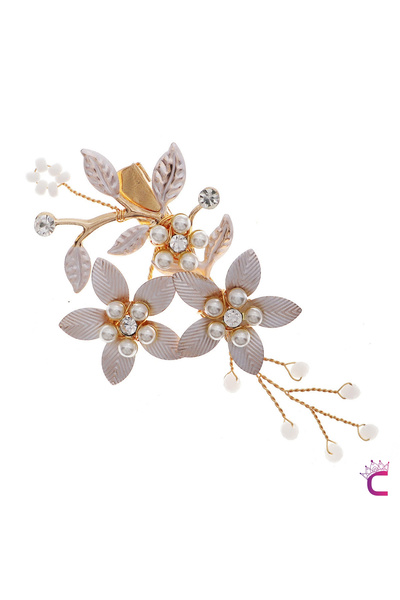 Cinderella Beyaz Gold Yapraklı Taşlı İncili Çiçekli Pens Gelin Tokası Tacı - ...