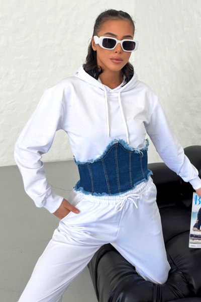 FashionForYou Σετ Sandra από βαμβάκι και τζιν, παντελόνι και φούτερ με φερμουάρ στο πλάι, λευκό