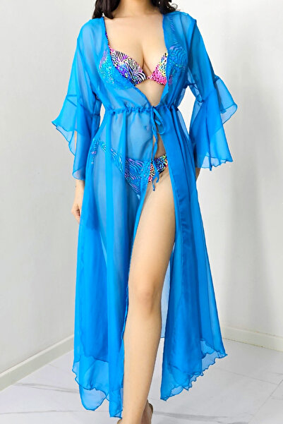 FashionForYou Ζακέτα θαλάσσης Uana, με καμπάνα μανίκια και κορδόνι στη μέση, μπλε