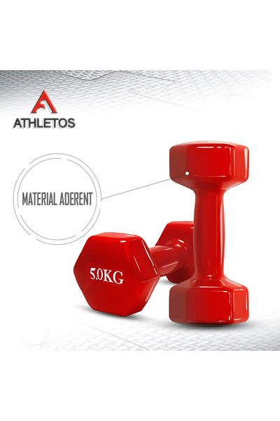 Athletos Set of 2 Athletos® dumbbells, 2 x 5 kg, cast iron interior, vinyl coating, Red