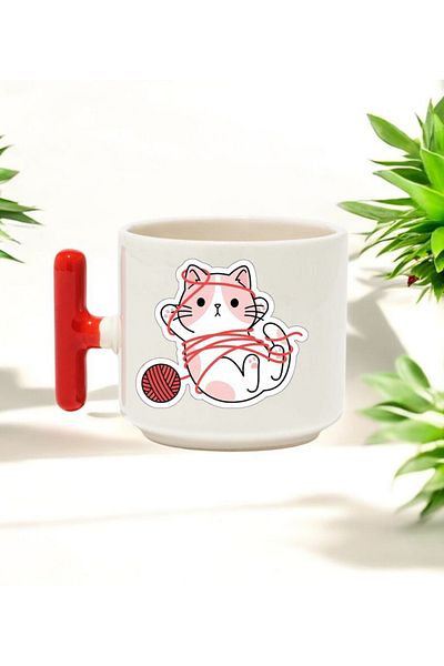 BB TRADE Red T-Handled Ceramic Printed Mug with Threaded Cat Design 250 ml
