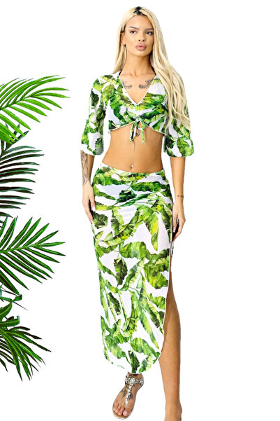 FashionForYou Milagros beach set, long skirt with side drawstring and top with flared sleeves, Amazon Green