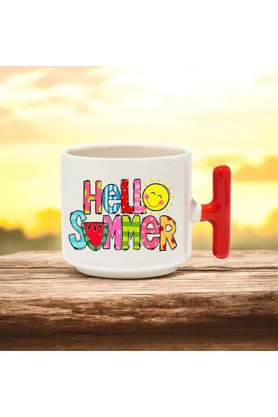 BB TRADE Hello Summer Designed Red t Handle Ceramic Printed Mug 250 ml