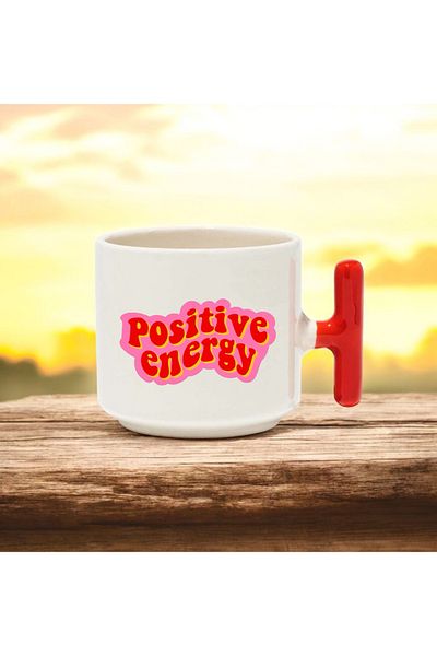 BB TRADE Positive Energy Designed Red T-Handle Ceramic Printed Mug 250 ml