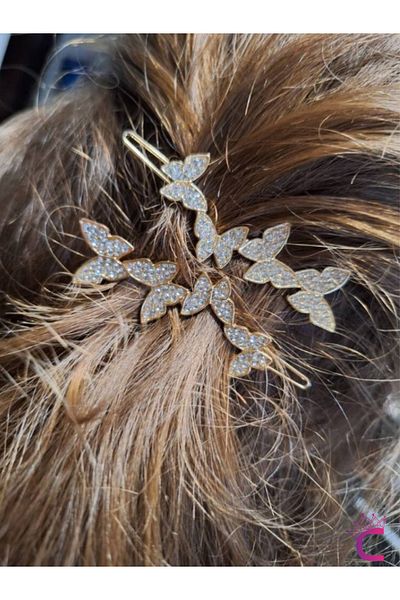 Cinderella 2-Piece Zircon Stone Gold Butterfly Side Hair Clip 6cm - Modern Bun Clip Clip-On Hairpin