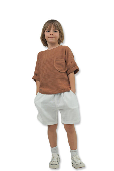 Catz Kids Boy's Ecru Muslin Shorts + Brown Muslin Back Button Shirt