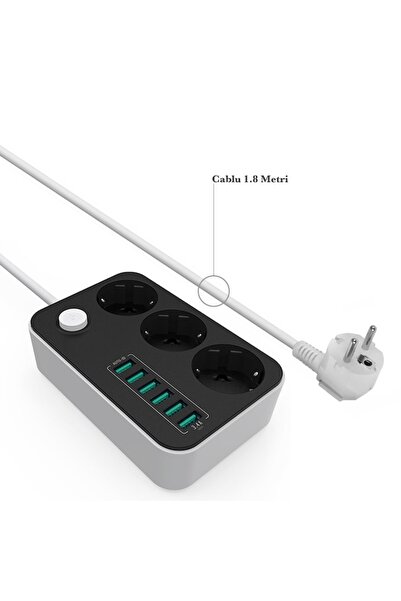 SOHO Power Strip with 3 EU Outlets, 6 USB Ports, Child Protection, 1.8m, White/Black