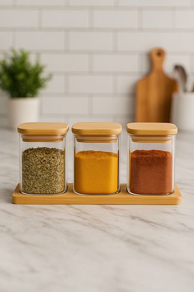 Evsun Home Collection Vacuum Square Spice Container with 3 Trays and Bamboo Lid