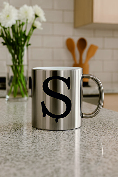 çokaş Ş Harfli Yazı Baskılı Gümüş Renk Büyük Boy Kupa Bardak