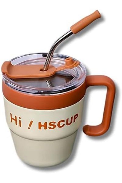 Twisoo Coffee Mug with Straw & Handle - Double-Wall Vacuum Insulated Travel Mug, Stainless Steel The
