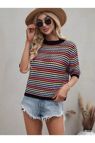 modamtn Women's Short Sleeve Crew Neck Colorful Stripe Detailed Knitwear Blouse